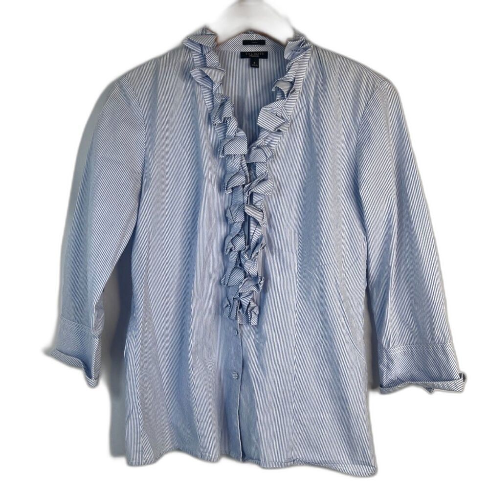Talbots Blue White Pin Striped 3/4โ Sleeve Ruffled Neckline Button Up Size 4
